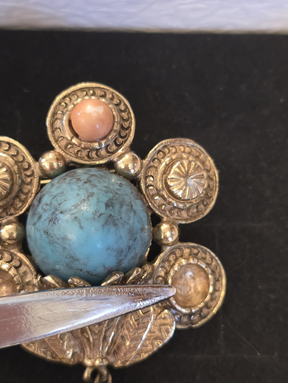 Vtg Art Deco Victorian Faux Turquoise Coral Chain Gold-Tone Tassel Brooch READ - Picture 6 of 14